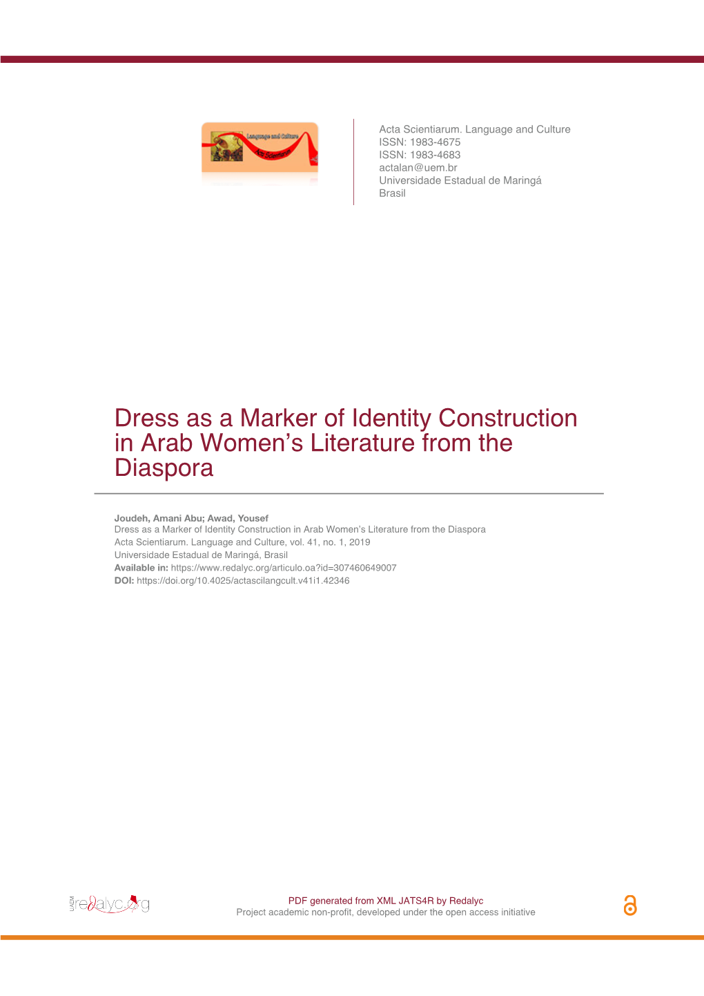 Dress As a Marker of Identity Construction in Arab Women's Literature from the Diaspora