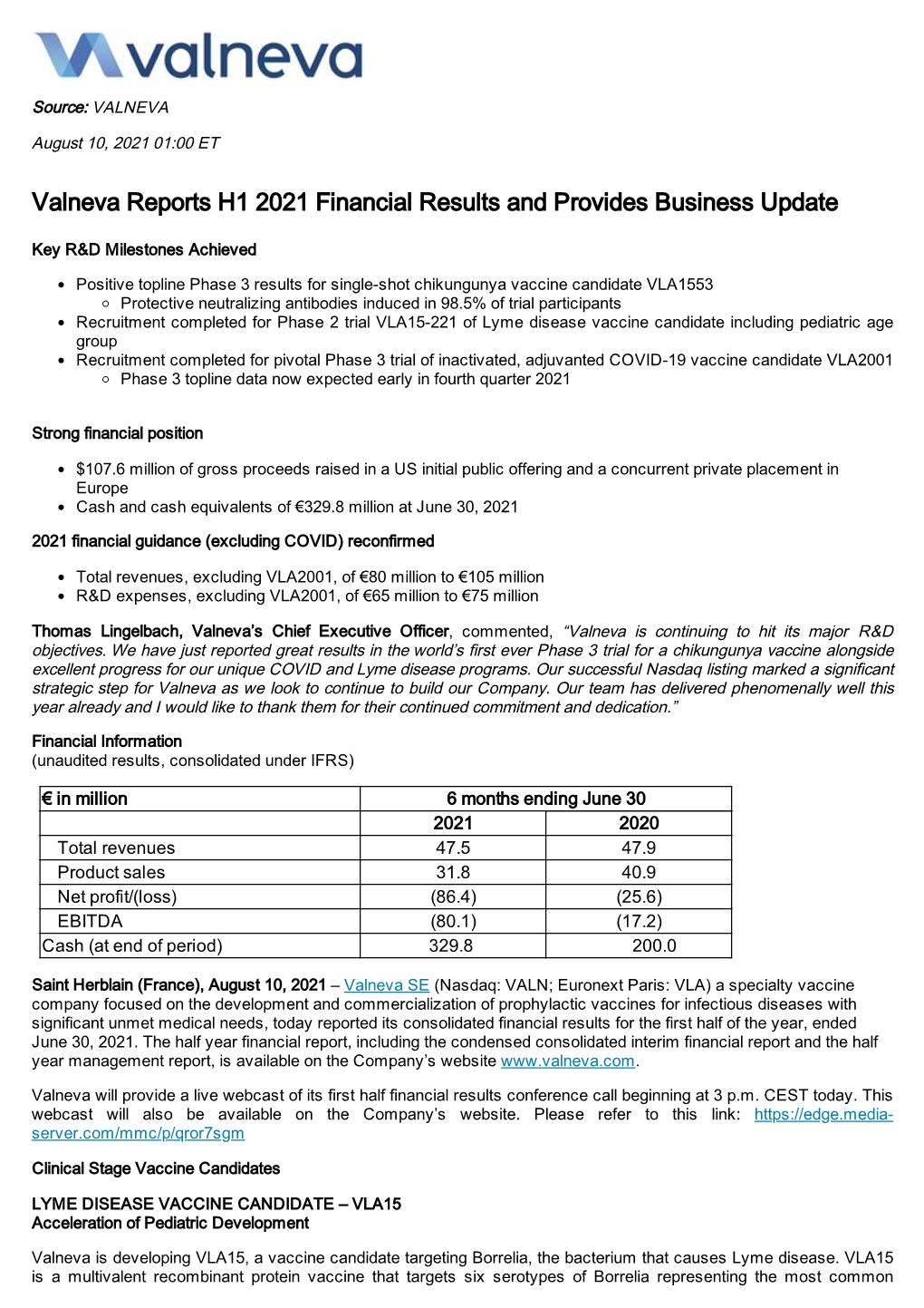 Valneva Reports H1 2021 Financial Results and Provides Business Update