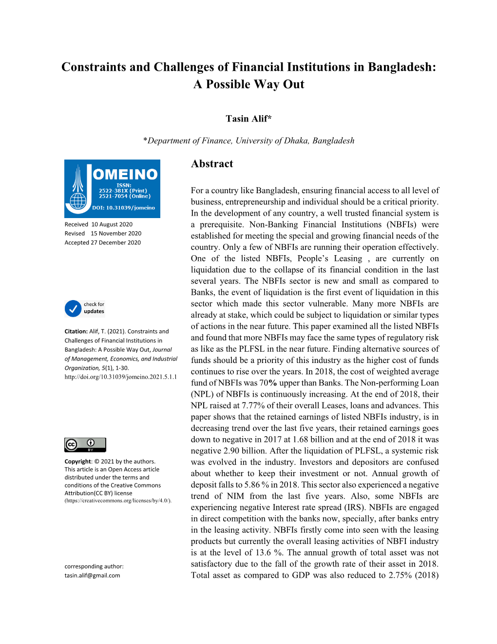 Constraints and Challenges of Financial Institutions in Bangladesh: a Possible Way Out