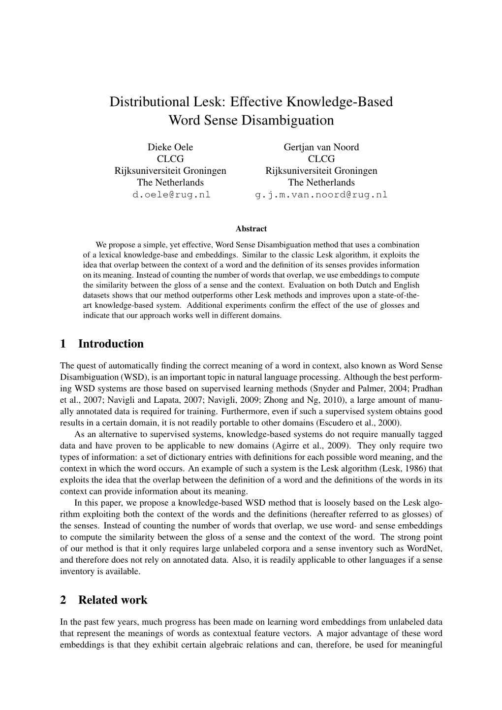 Distributional Lesk: Effective Knowledge-Based Word Sense Disambiguation
