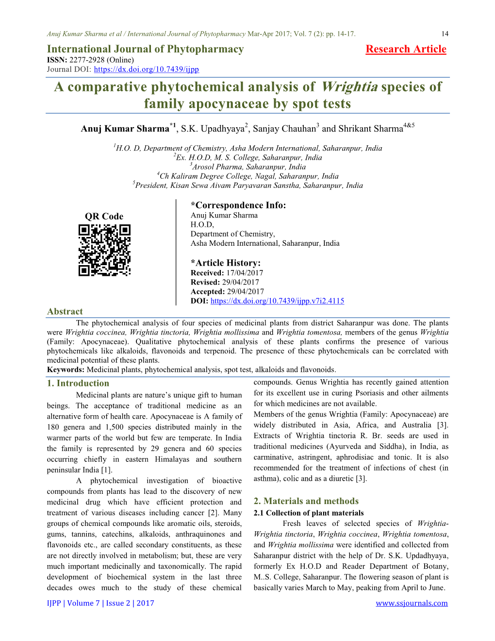 A Comparative Phytochemical Analysis of Wrightia Species of Family Apocynaceae by Spot Tests