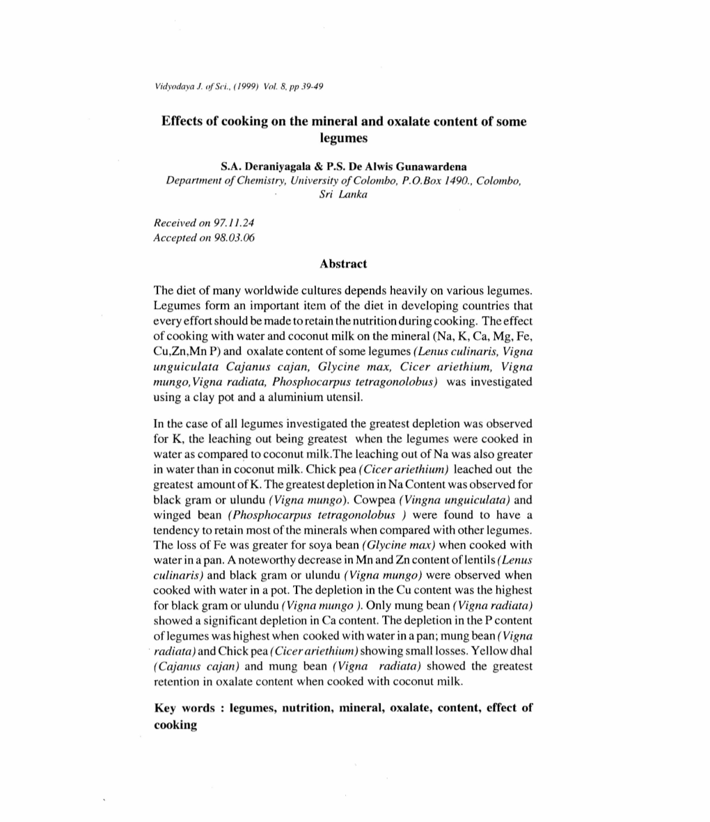 Effects of Cooking on the Mineral and Oxalate Content of Some Legumes