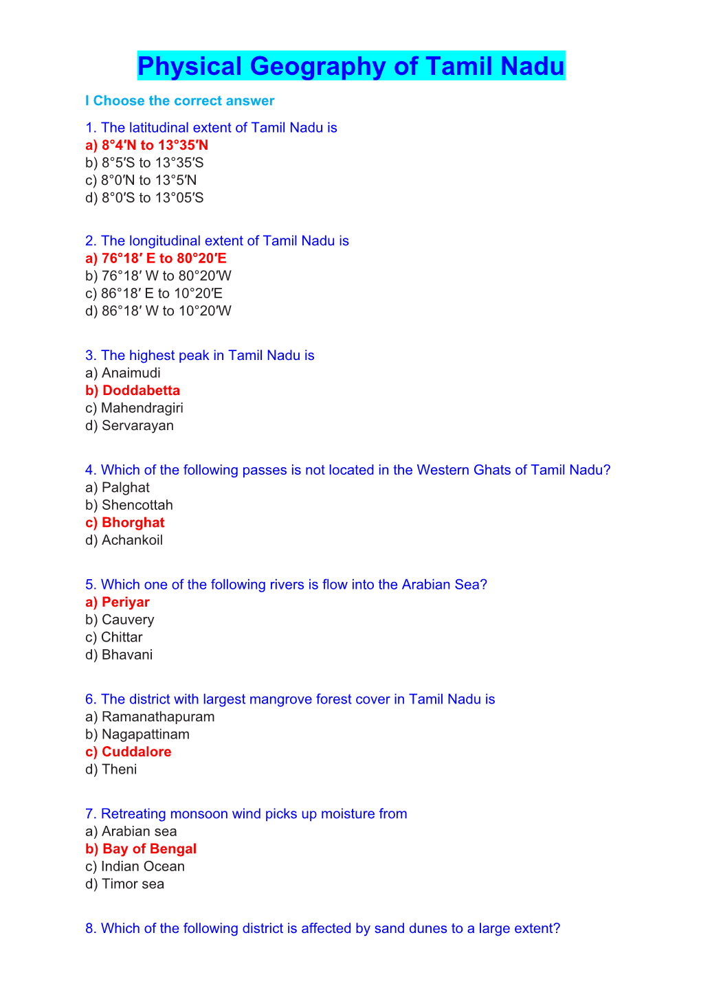 Physical Geography of Tamil Nadu I Choose the Correct Answer 1