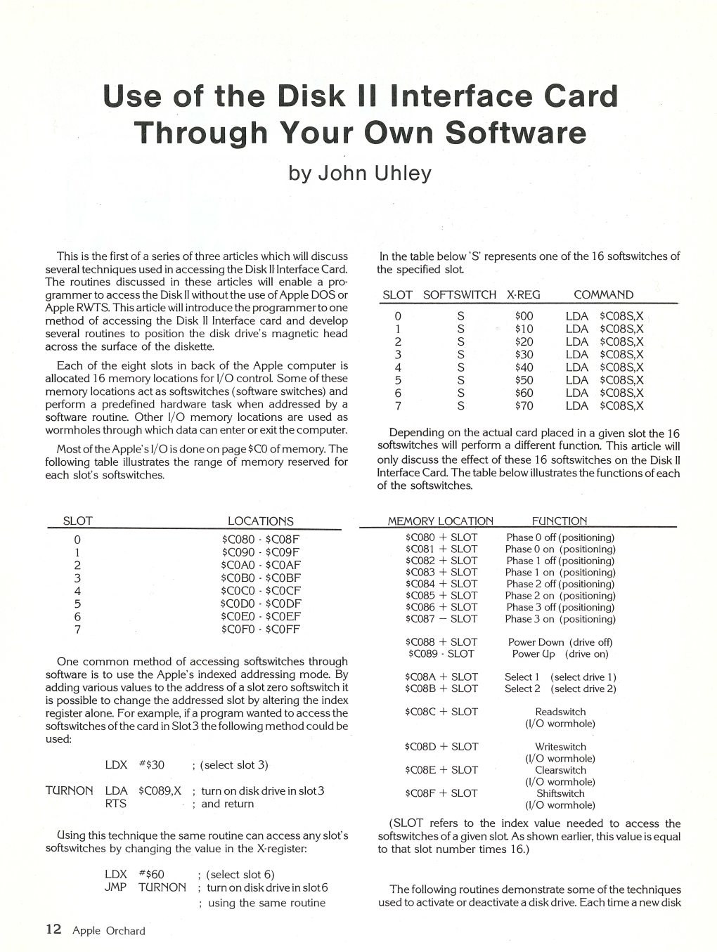 Use of the Disk II Interface Card Through Your Own Software by John Uhley