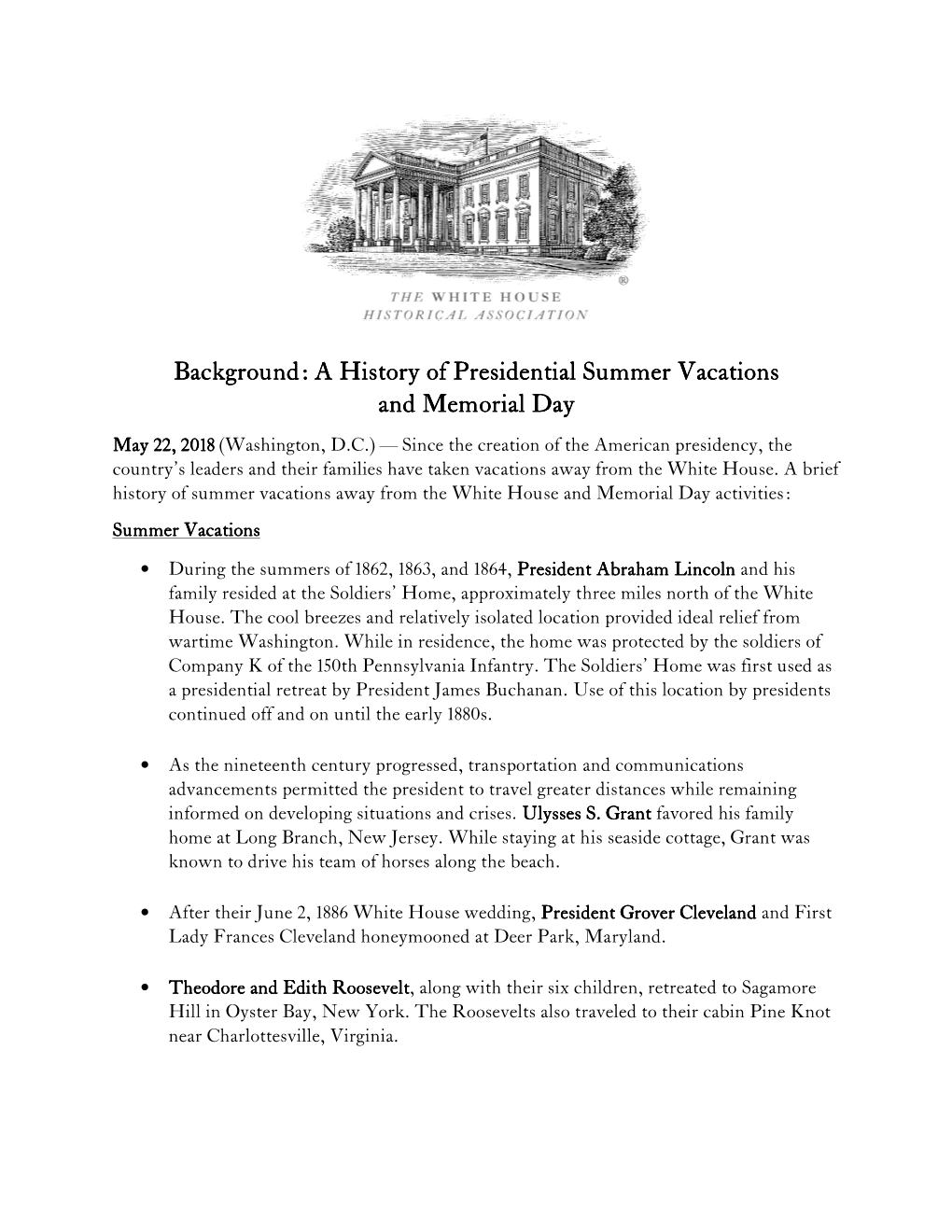 Background: a History of Presidential Summer Vacations and Memorial Day