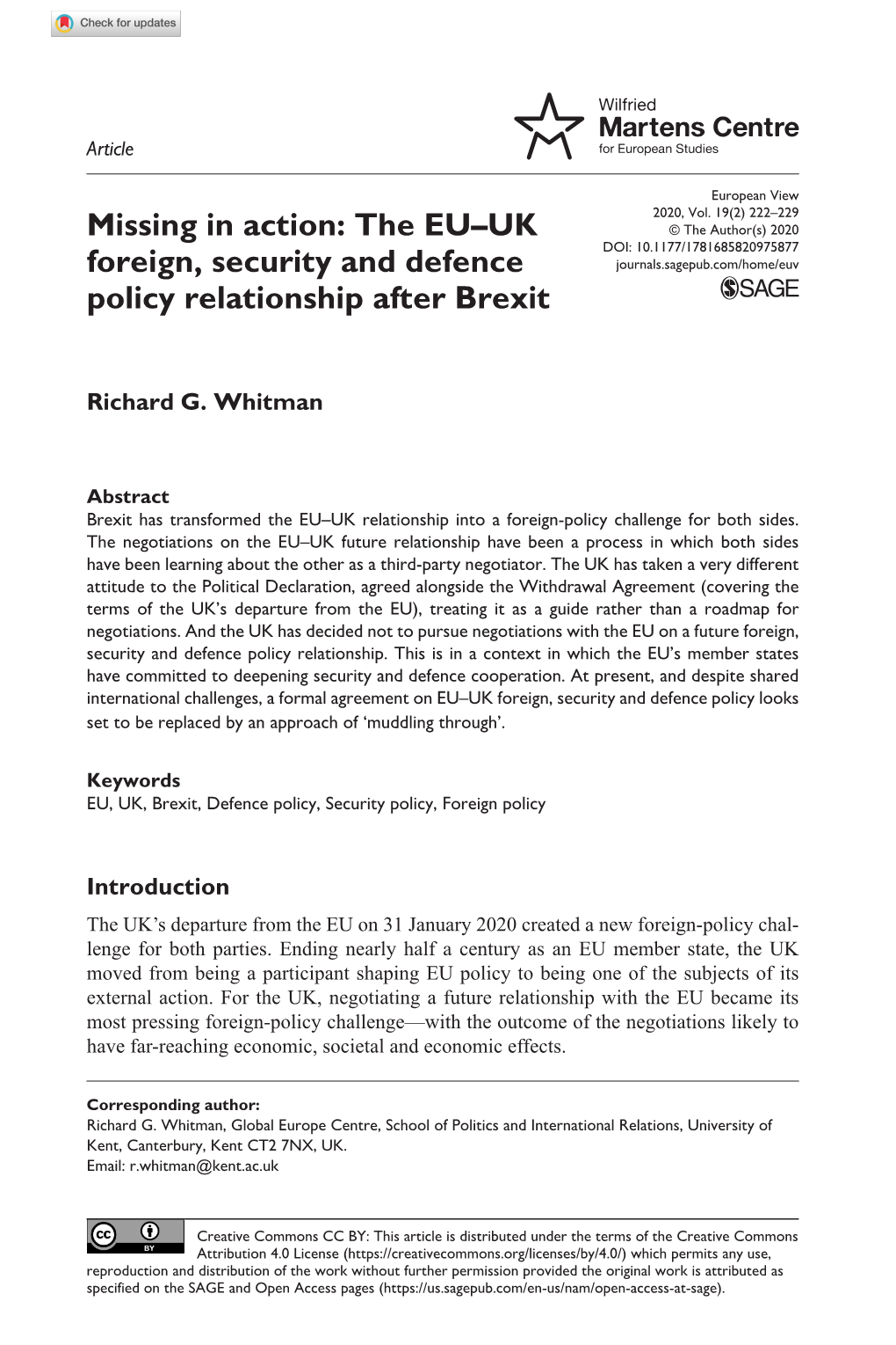 The EU–UK Foreign, Security and Defence Policy Relationship After Brexit