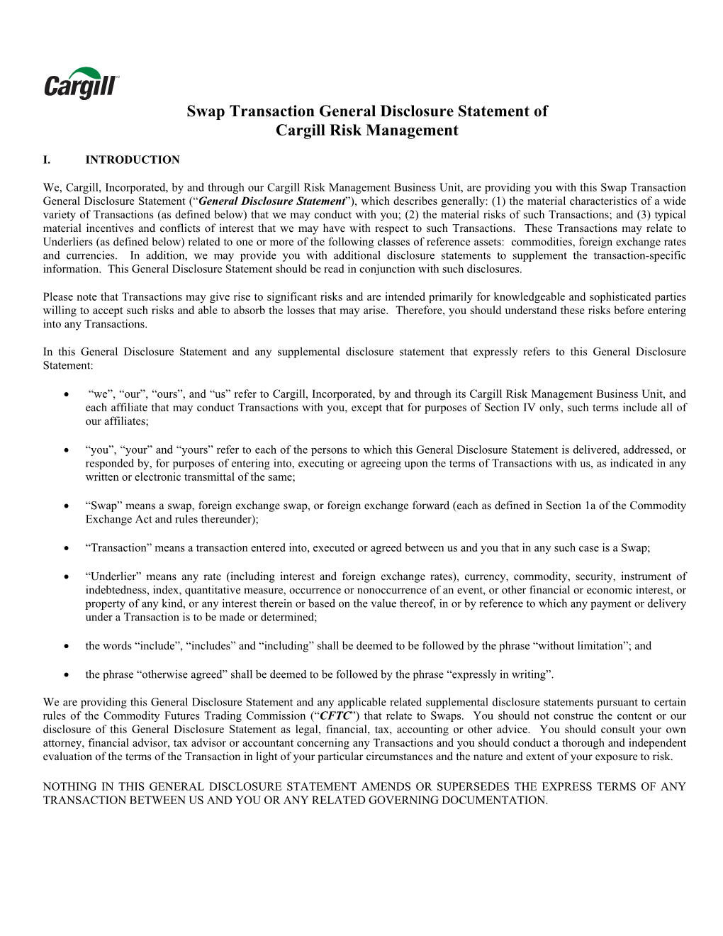 Swap Transaction General Disclosure Statement of Cargill Risk Management