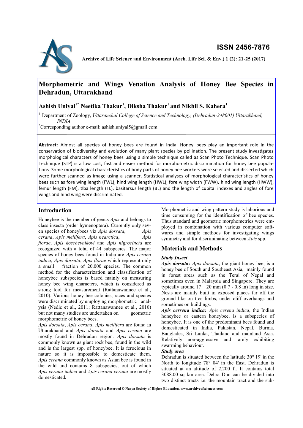 Morphometric and Wings Venation Analysis of Honey Bee Species in Dehradun, Uttarakhand