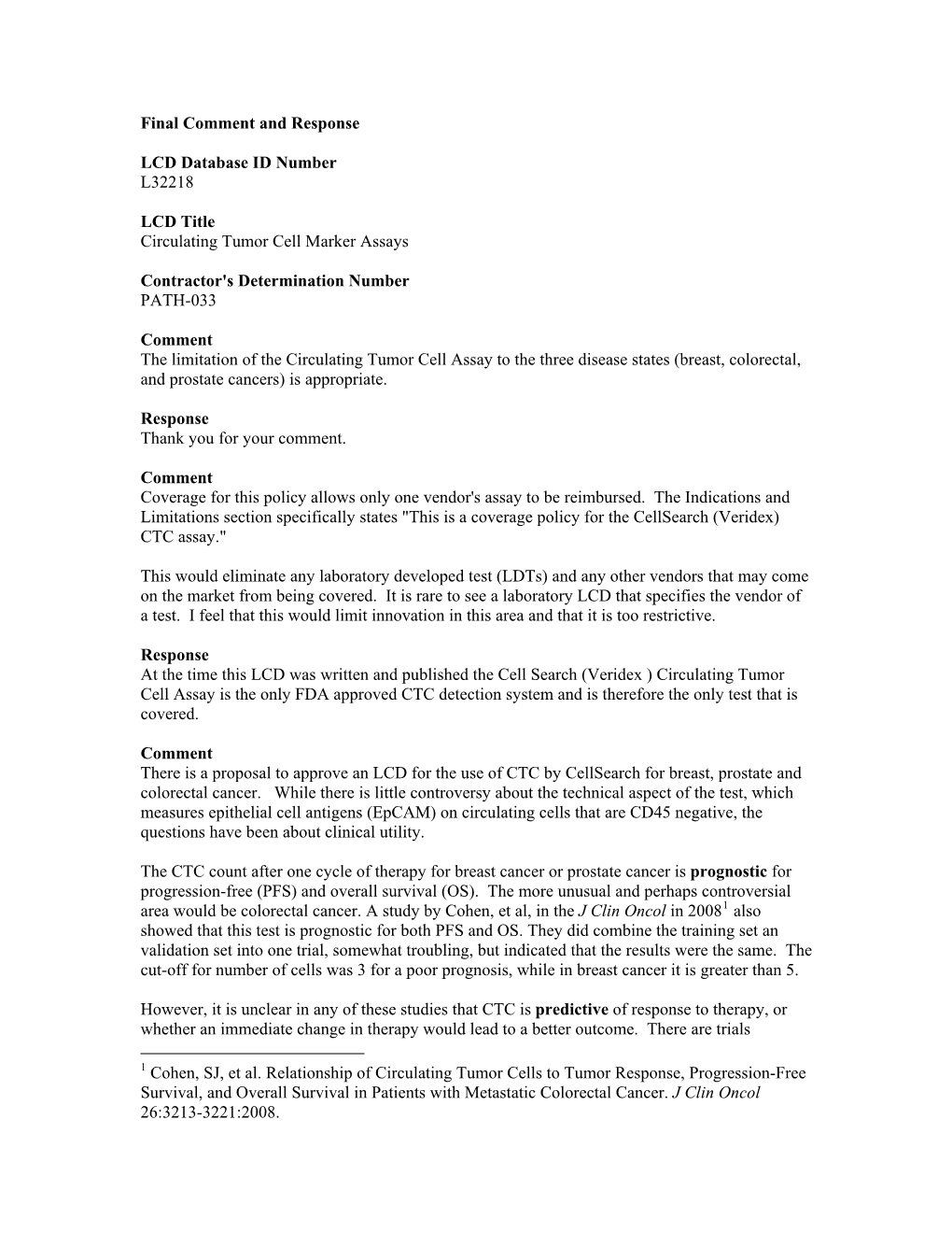 Final Comments and Response for Circulating Tumor Cell Marker