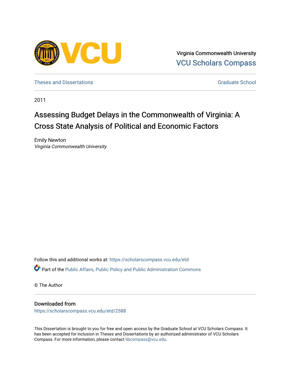 Assessing Budget Delays in the Commonwealth of Virginia: a Cross State Analysis of Political and Economic Factors