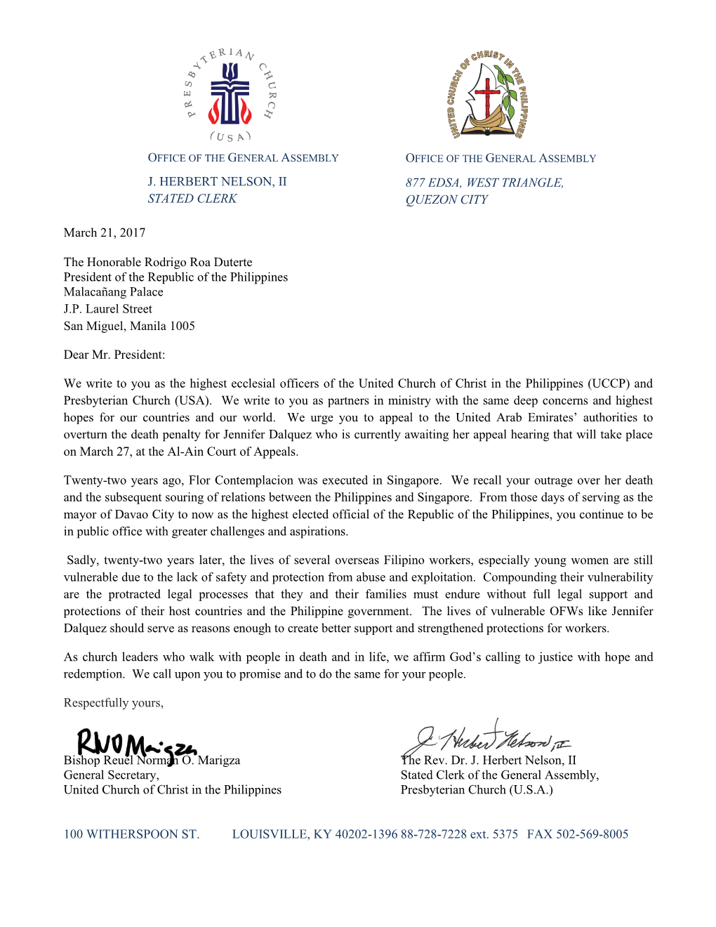 J. HERBERT NELSON, II STATED CLERK March 21, 2017 the Honorable Rodrigo Roa Duterte President of the Republic of the Philippines