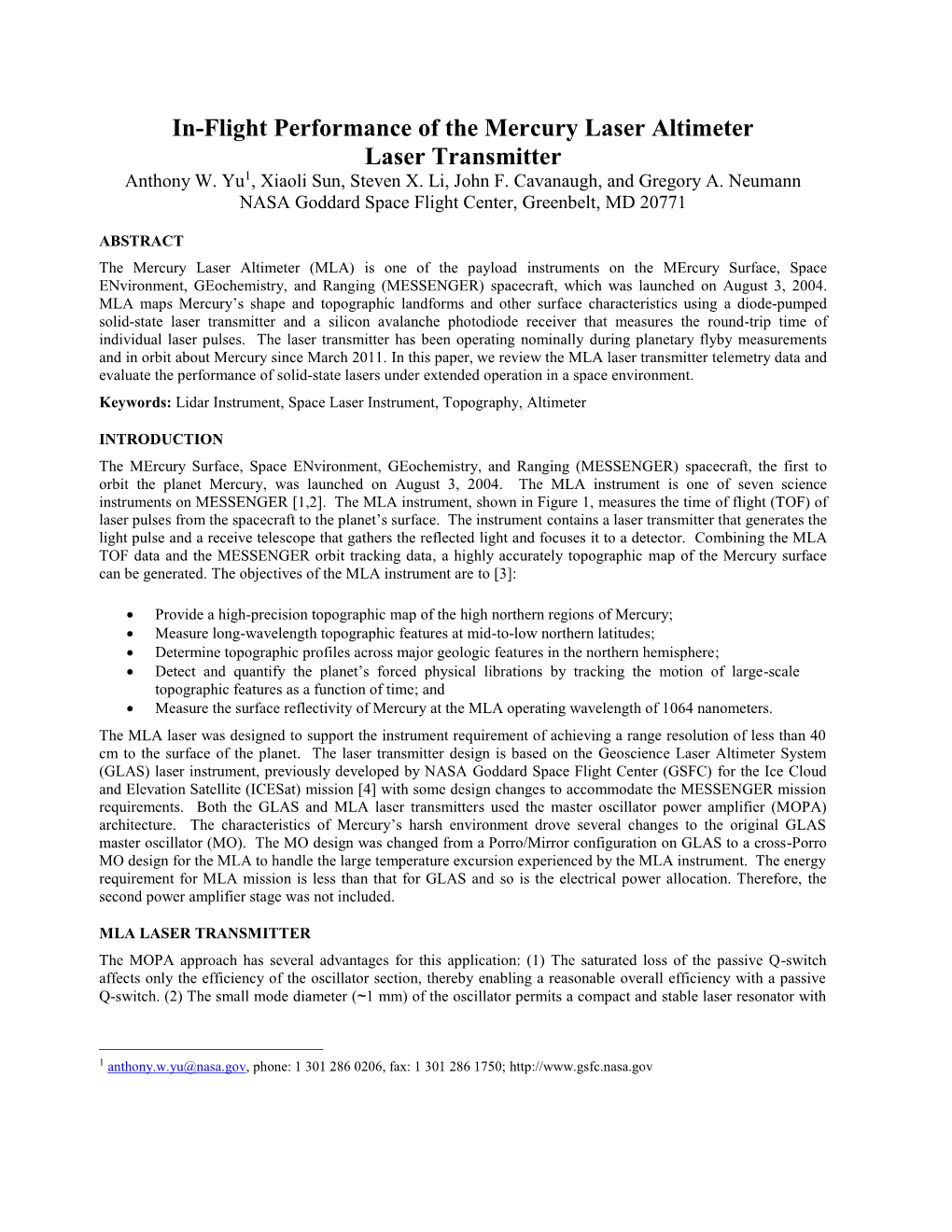 In-Flight Performance of the Mercury Laser Altimeter Laser Transmitter Anthony W