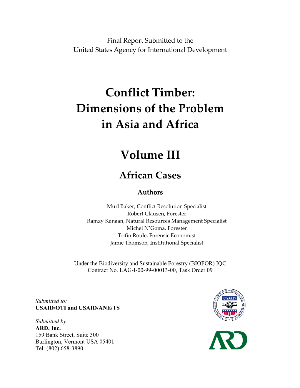 Conflict Timber: Dimensions of the Problem in Asia and Africa Volume III Table of Contents