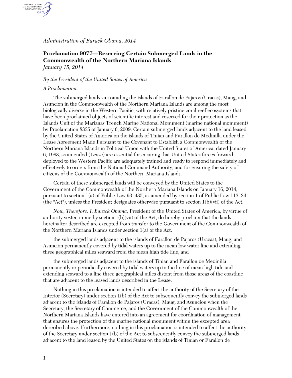 Administration of Barack Obama, 2014 Proclamation 9077—Reserving Certain Submerged Lands in the Commonwealth of the Northern M