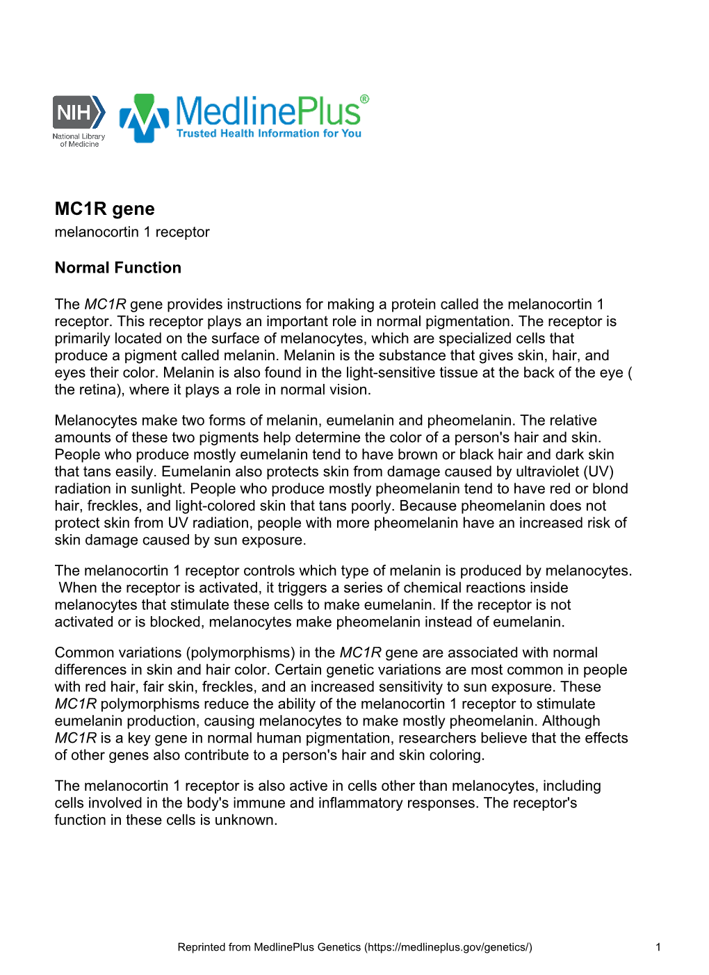 MC1R Gene Melanocortin 1 Receptor