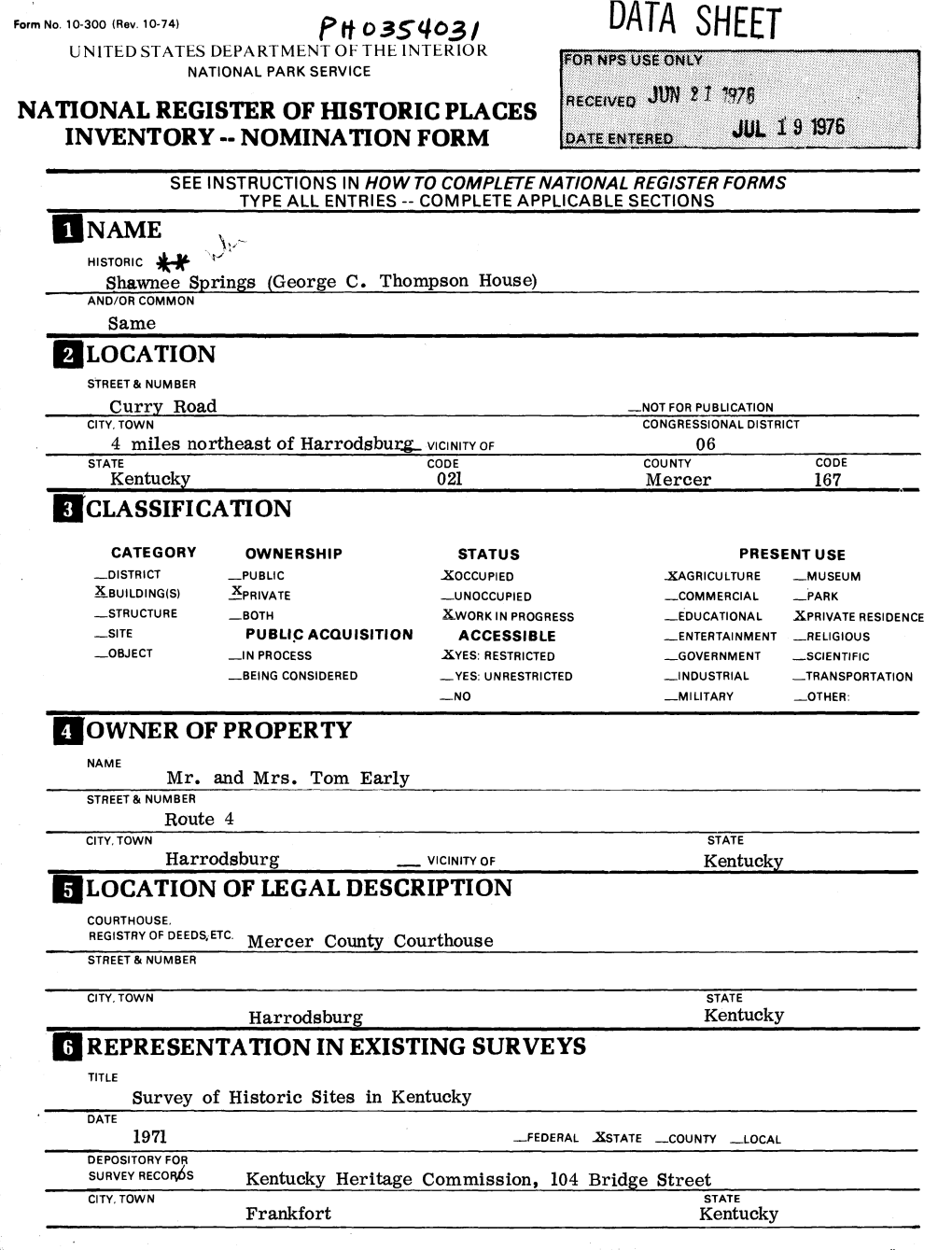 Data Sheet United States Department of the Interior National Park Service National Register of Historic Places Inventory -- Nomination Form