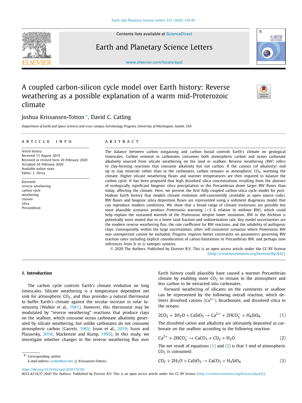 A Coupled Carbon-Silicon Cycle Model Over Earth History: Reverse