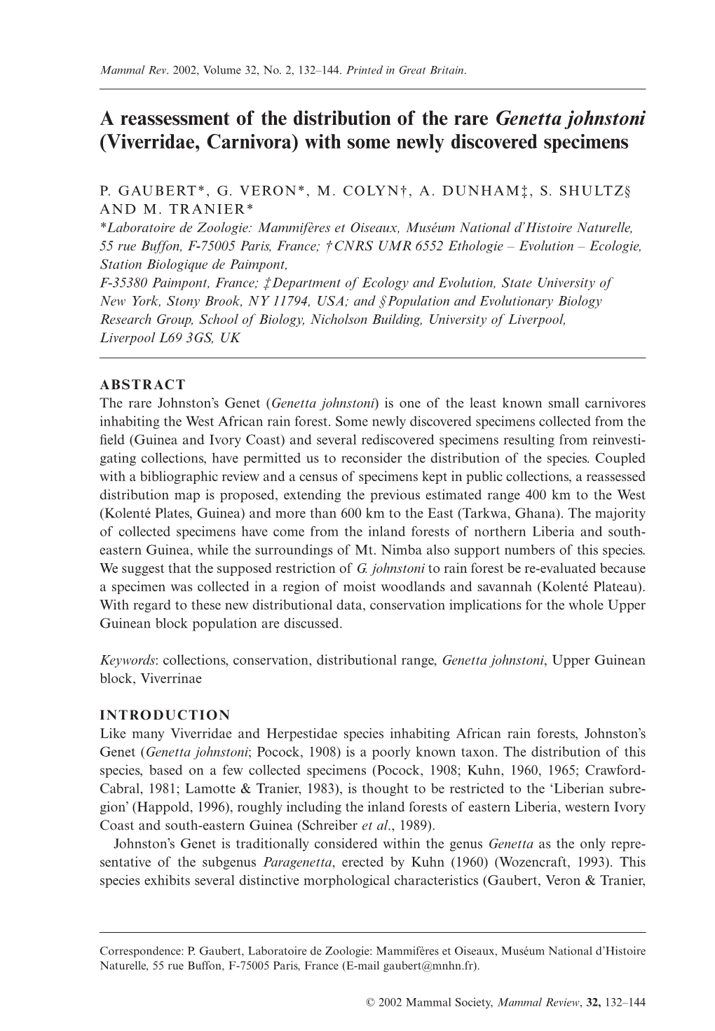 A Reassessment of the Distribution of the Rare Genetta Johnstoni (Viverridae, Carnivora) with Some Newly Discovered Specimens