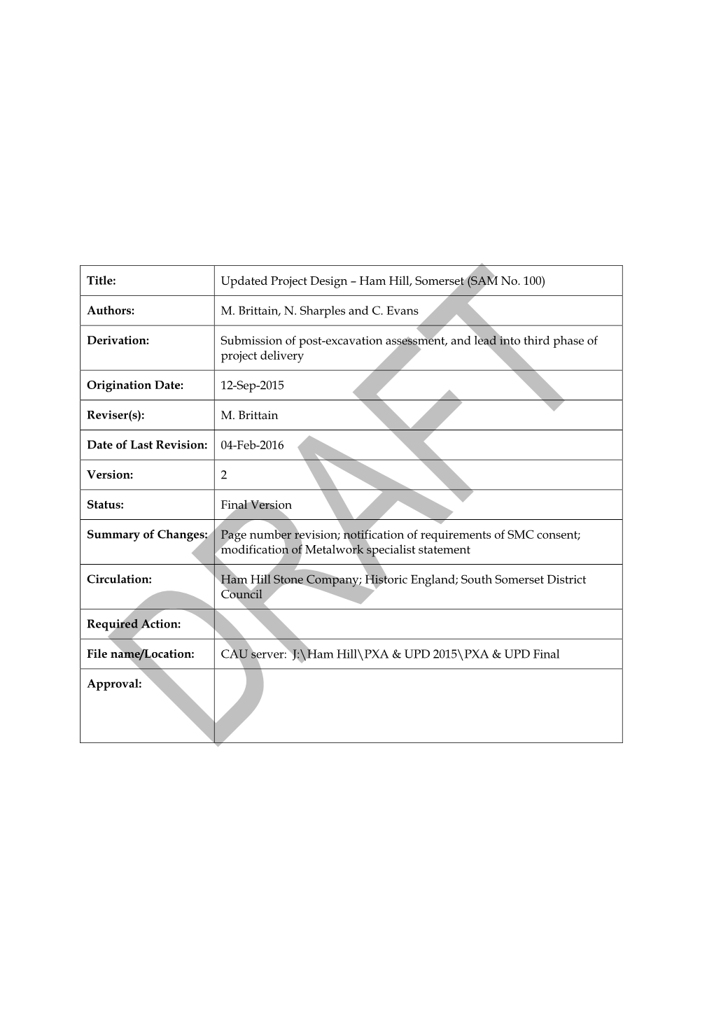 Title: Updated Project Design – Ham Hill, Somerset (SAM No. 100) Authors: M. Brittain, N. Sharples and C. Evans Derivation: Su