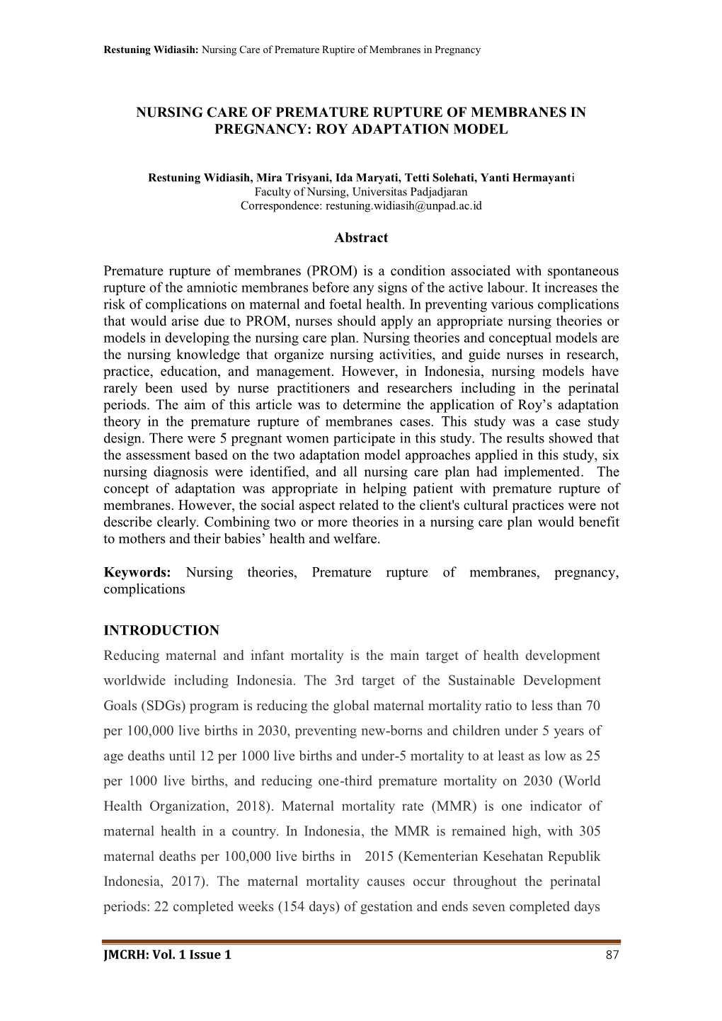 Nursing Care of Premature Rupture of Membranes in Pregnancy: Roy Adaptation Model