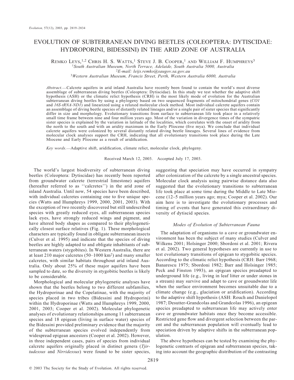 (Coleoptera: Dytiscidae: Hydroporini, Bidessini) in the Arid Zone of Australia