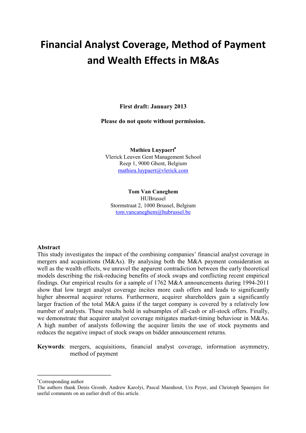 Financial Analyst Coverage, Method of Payment and Wealth Effects in M&As