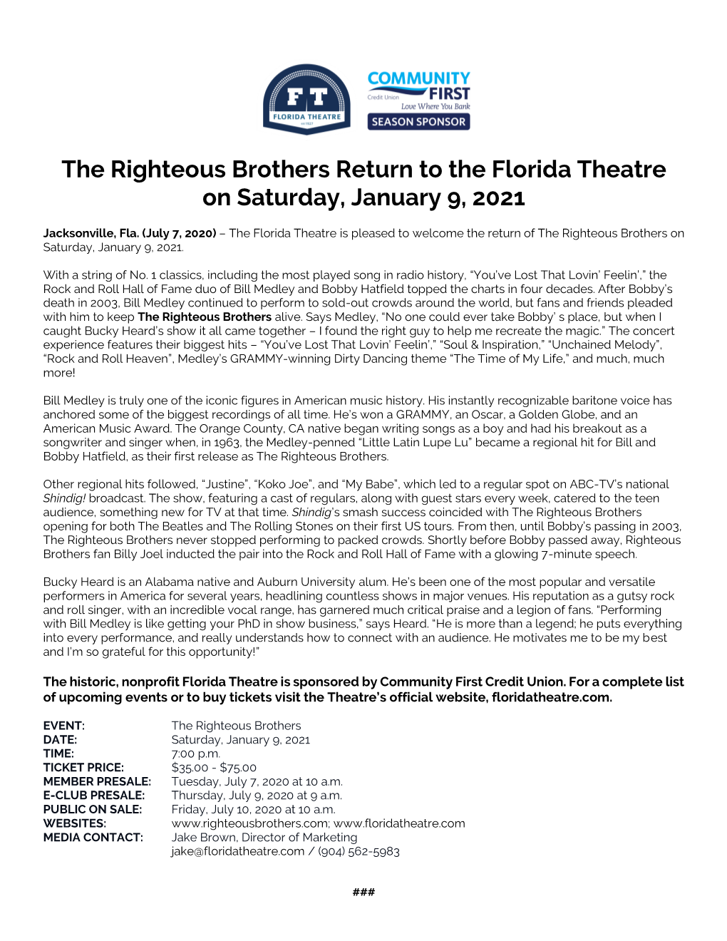 The Righteous Brothers Return to the Florida Theatre on Saturday, January 9, 2021