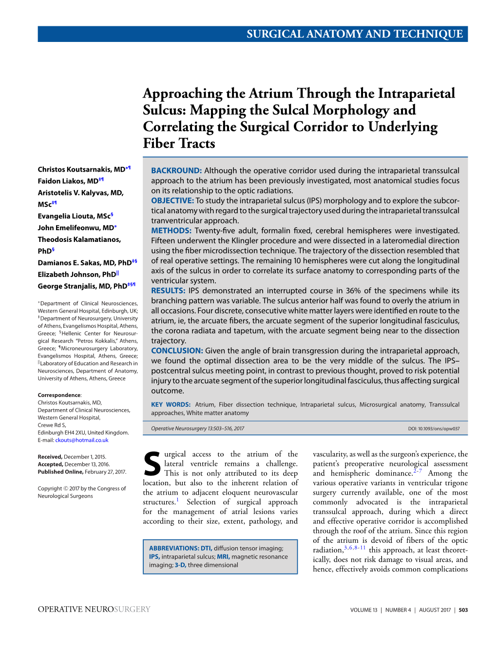 Approaching the Atrium Through the Intraparietal Sulcus: Mapping the Sulcal Morphology and Correlating the Surgical Corridor to Underlying Fiber Tracts