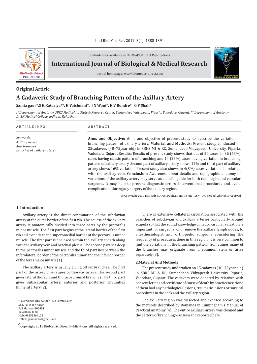 A Cadaveric Study of Branching Pattern of the Axillary Artery