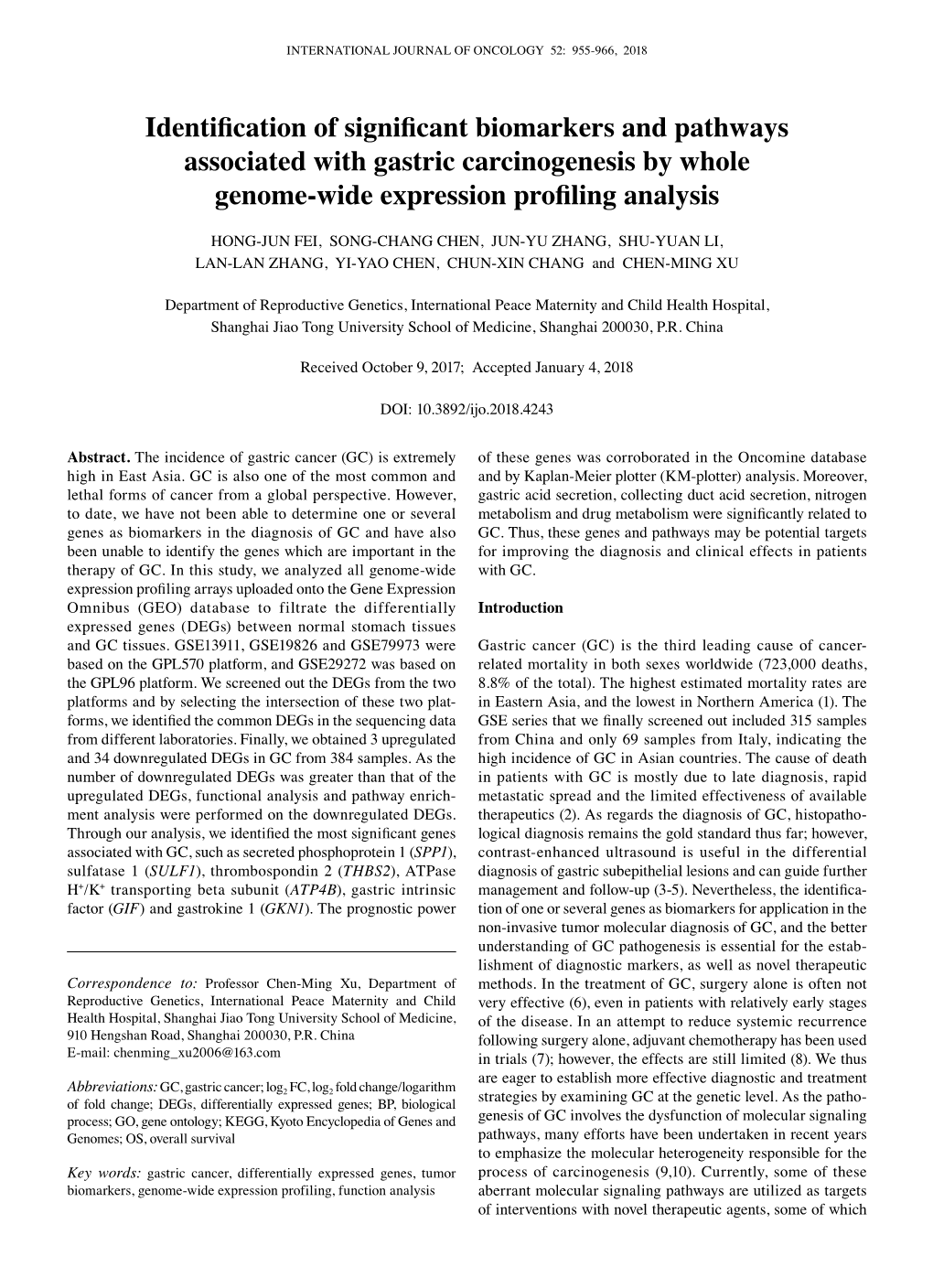 Identification of Significant Biomarkers and Pathways Associated with Gastric Carcinogenesis by Whole Genome-Wide Expression Profiling Analysis