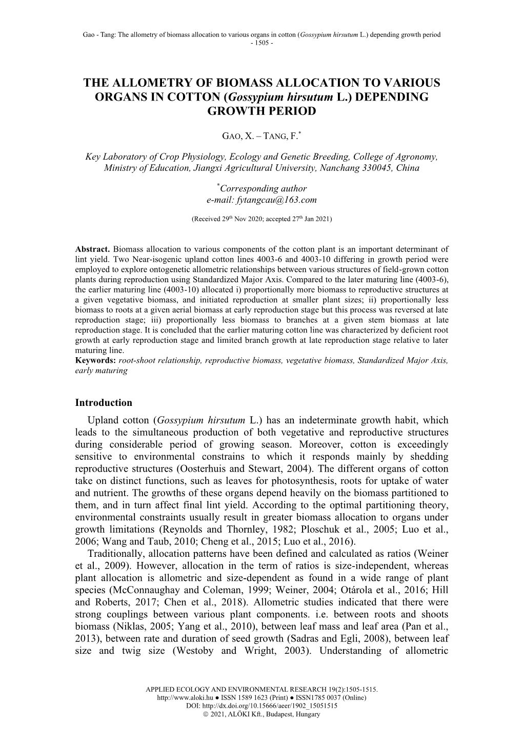 The Allometry of Biomass Allocation to Various Organs in Cotton (Gossypium Hirsutum L.) Depending Growth Period - 1505