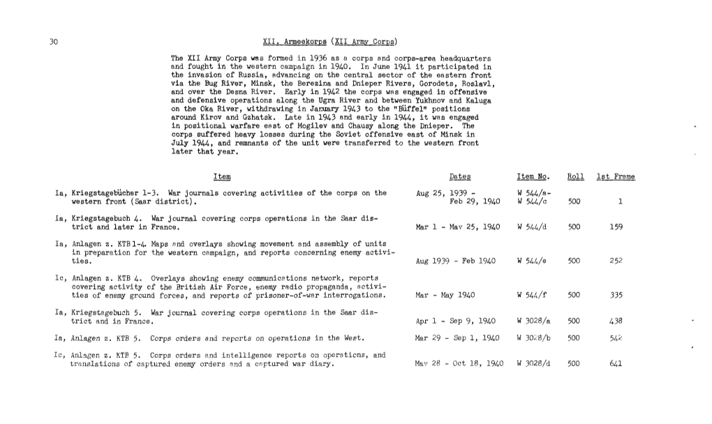 30 XII. Armeekorps (XII Army Corps) the XII Army Corps Was Formed in 1936 As a Corps and Corps-Area Headquarters and Fought in the Western Campaign in 1940