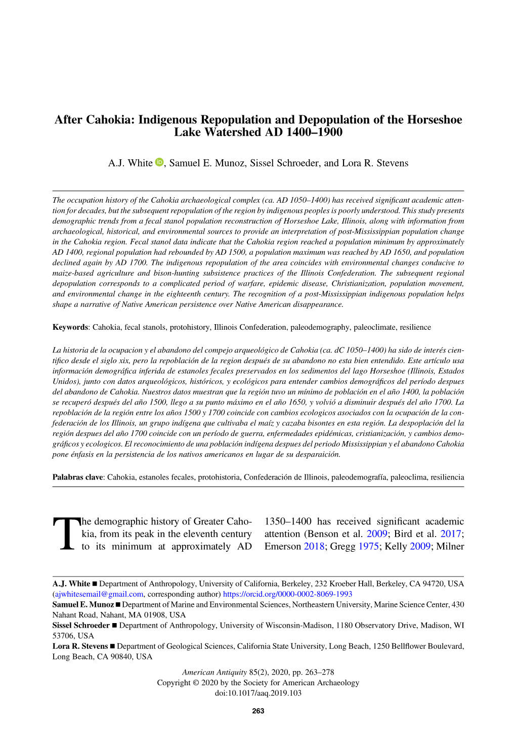 After Cahokia: Indigenous Repopulation and Depopulation of the Horseshoe Lake Watershed AD 1400–1900