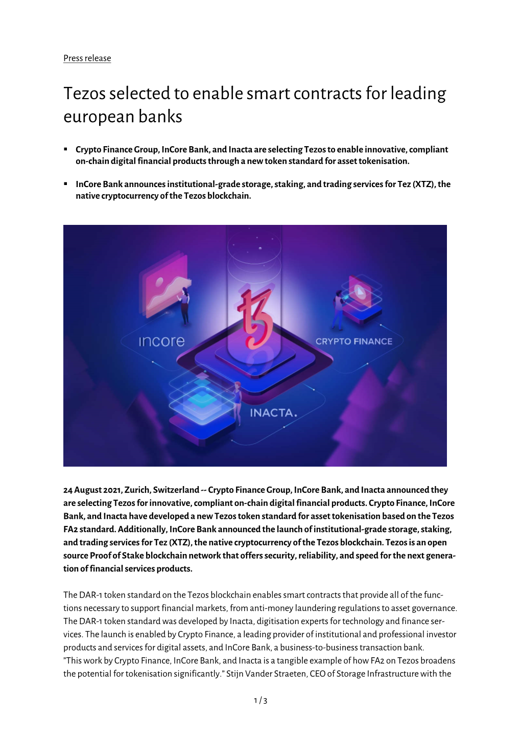Tezos Selected to Enable Smart Contracts for Leading European Banks