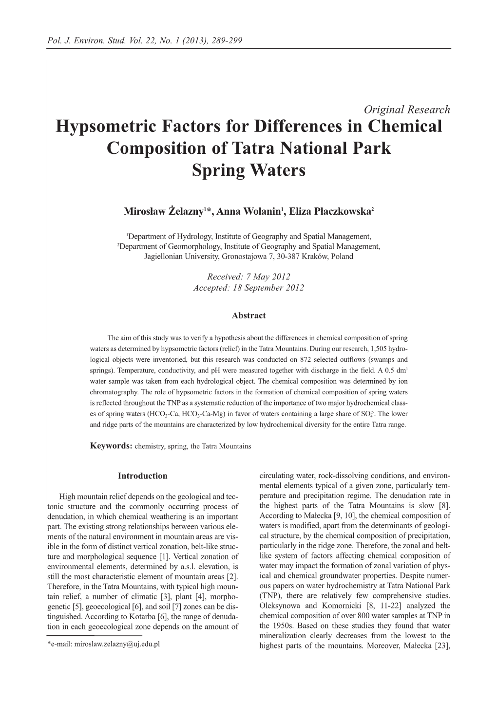 Hypsometric Factors for Differences in Chemical Composition of Tatra National Park Spring Waters