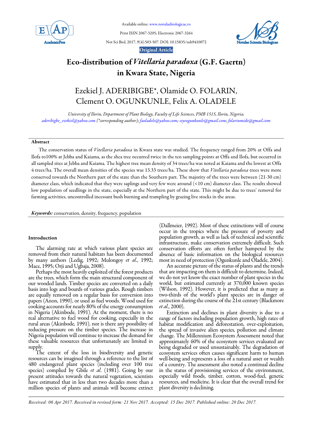 Eco-Distribution of Vitellaria Paradoxa (GF Gaertn) in Kwara State, Nigeria