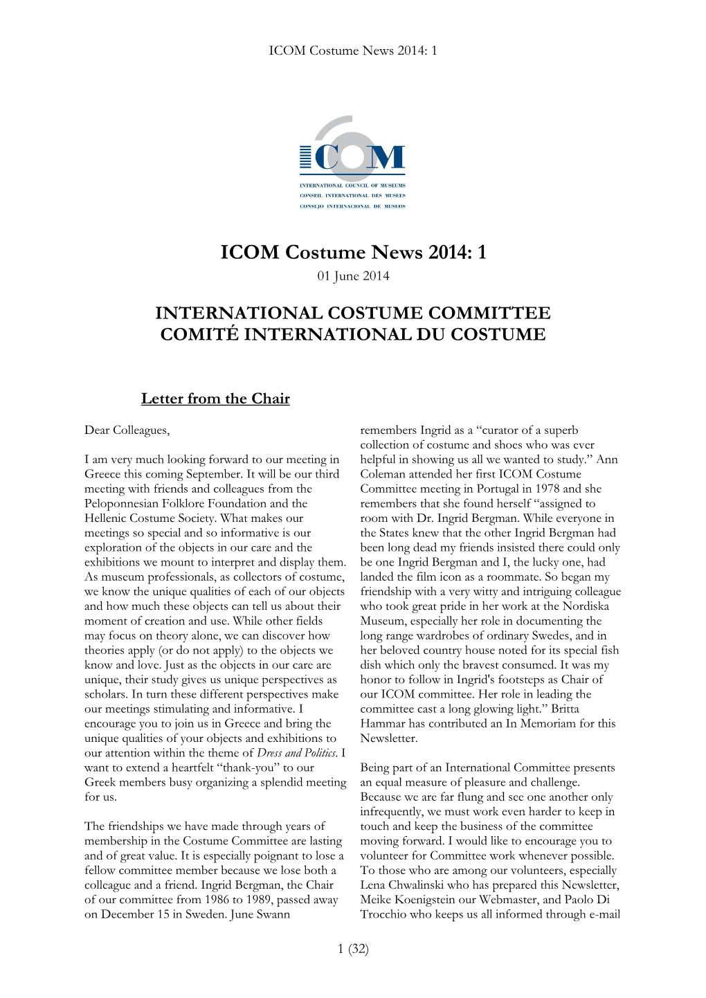 ICOM Costume Newsletter 2014:1