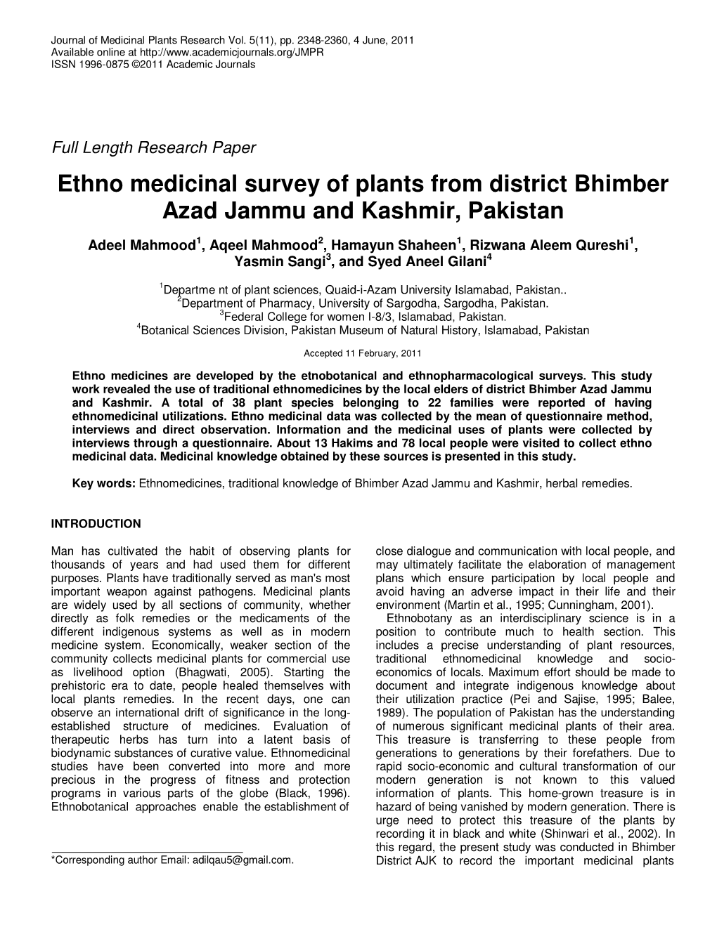 Ethno Medicinal Survey of Plants from District Bhimber Azad Jammu and Kashmir, Pakistan