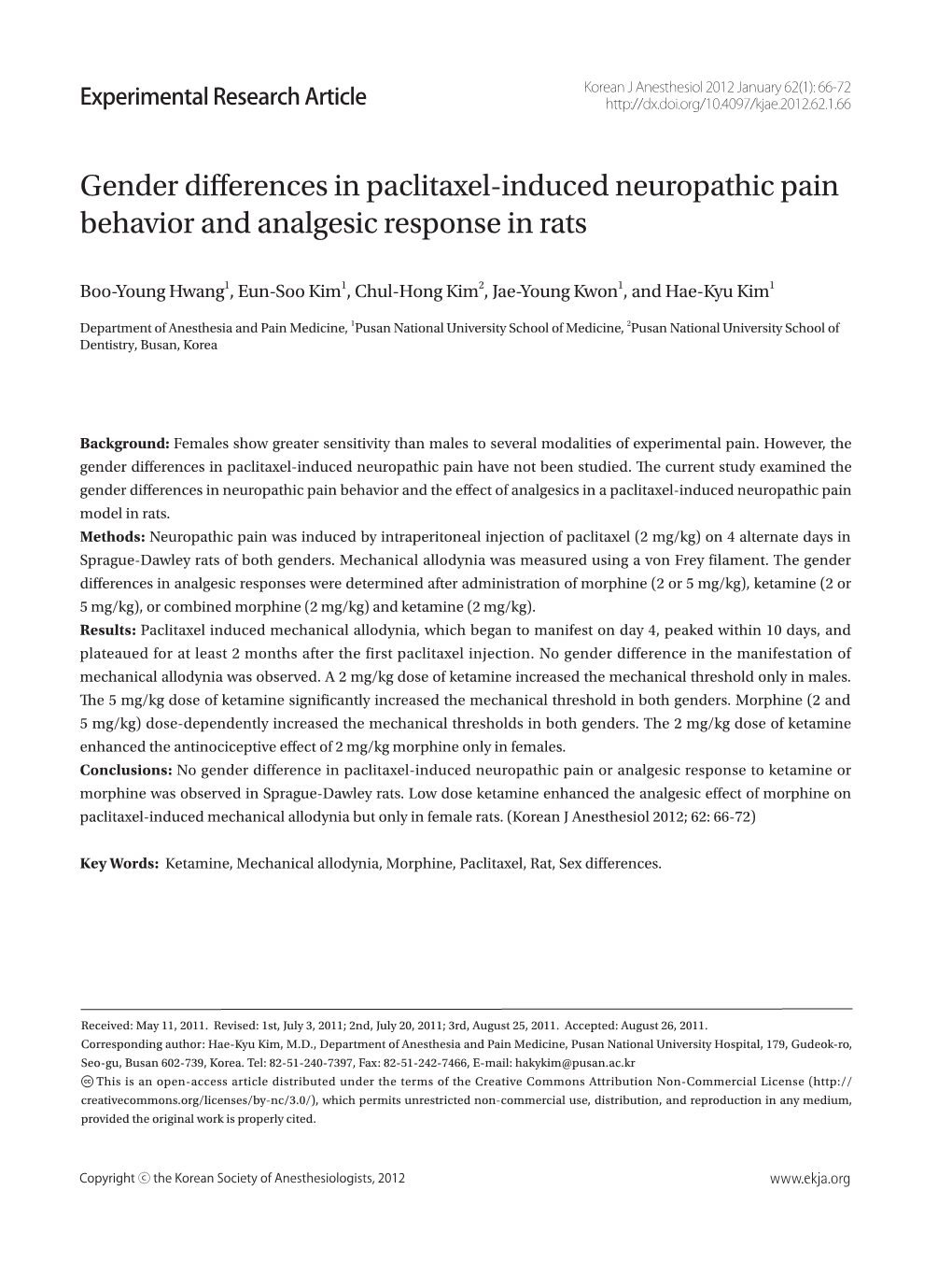 Gender Differences in Paclitaxel-Induced Neuropathic Pain Behavior and Analgesic Response in Rats