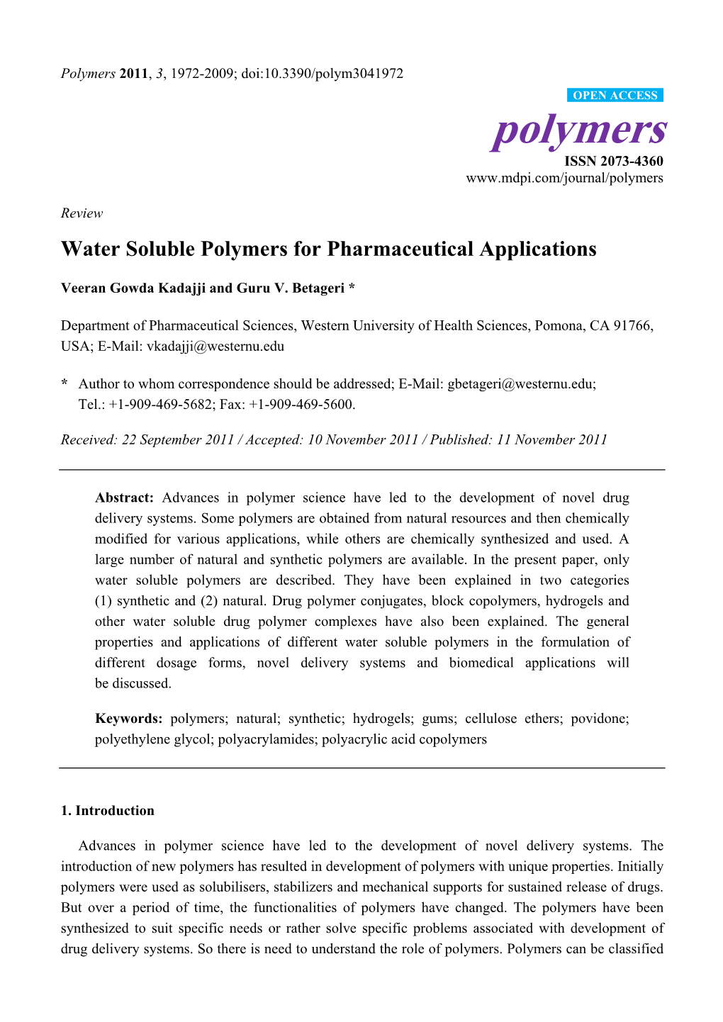 Water Soluble Polymers for Pharmaceutical Applications