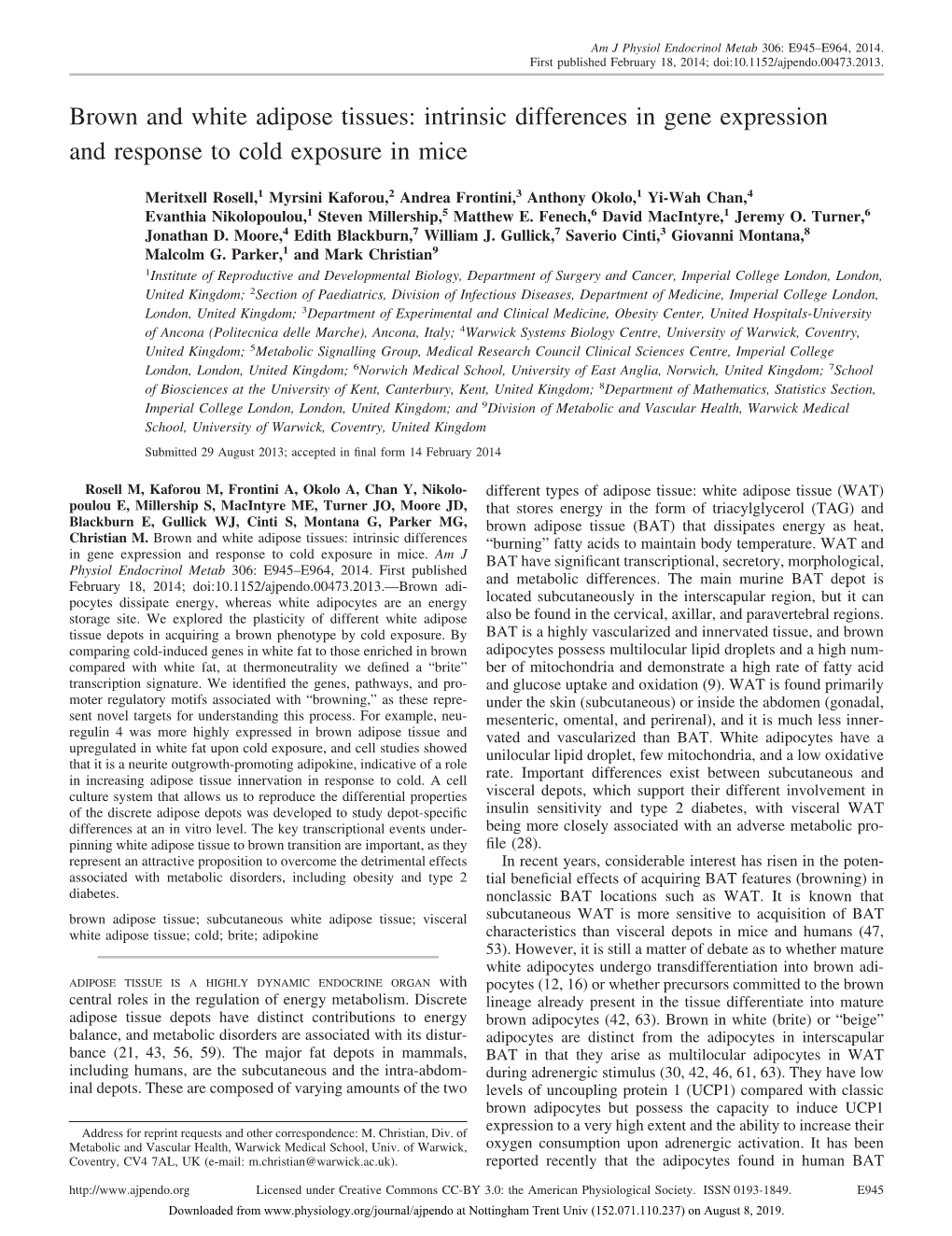 Brown and White Adipose Tissues: Intrinsic Differences in Gene Expression and Response to Cold Exposure in Mice