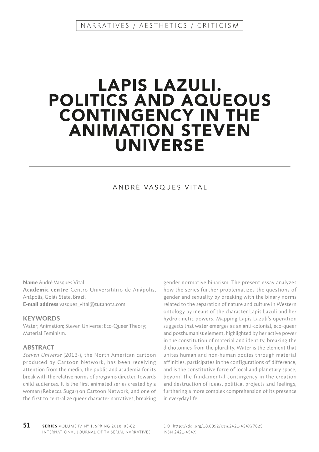 Lapis Lazuli. Politics and Aqueous Contingency in the Animation Steven Universe