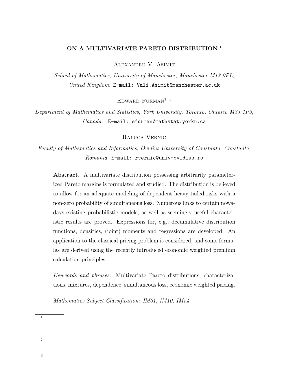 ON a MULTIVARIATE PARETO DISTRIBUTION 1 Alexandru V