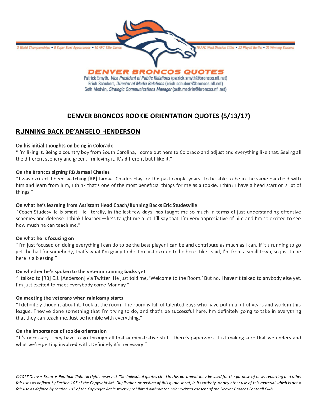 Denver Broncos Rookie Orientation Quotes (5/13/17)