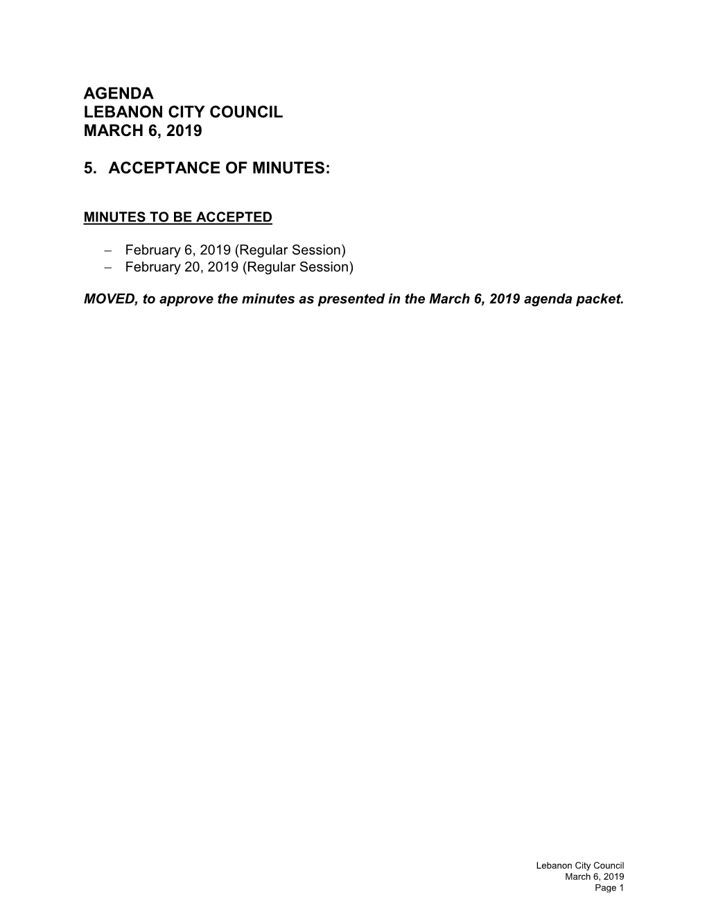 Agenda Lebanon City Council March 6, 2019 5. Acceptance