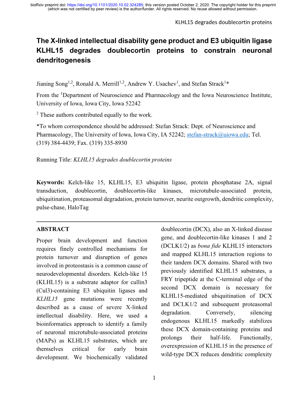 The X-Linked Intellectual Disability Gene Product and E3 Ubiquitin Ligase KLHL15 Degrades Doublecortin Proteins to Constrain Neuronal Dendritogenesis