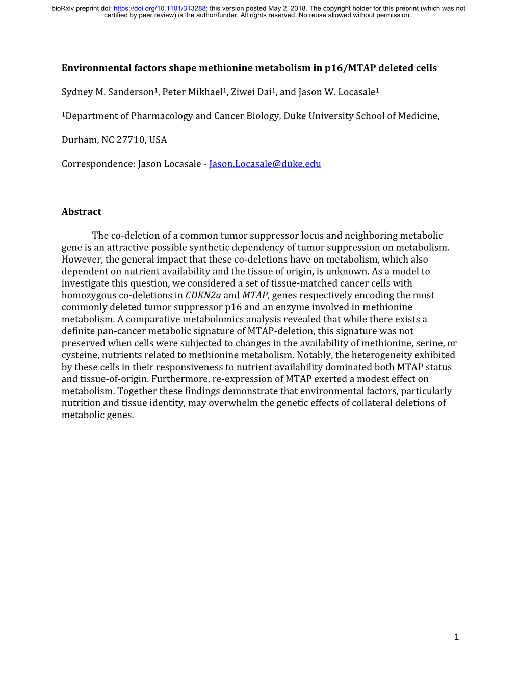 1 Environmental Factors Shape Methionine Metabolism in P16