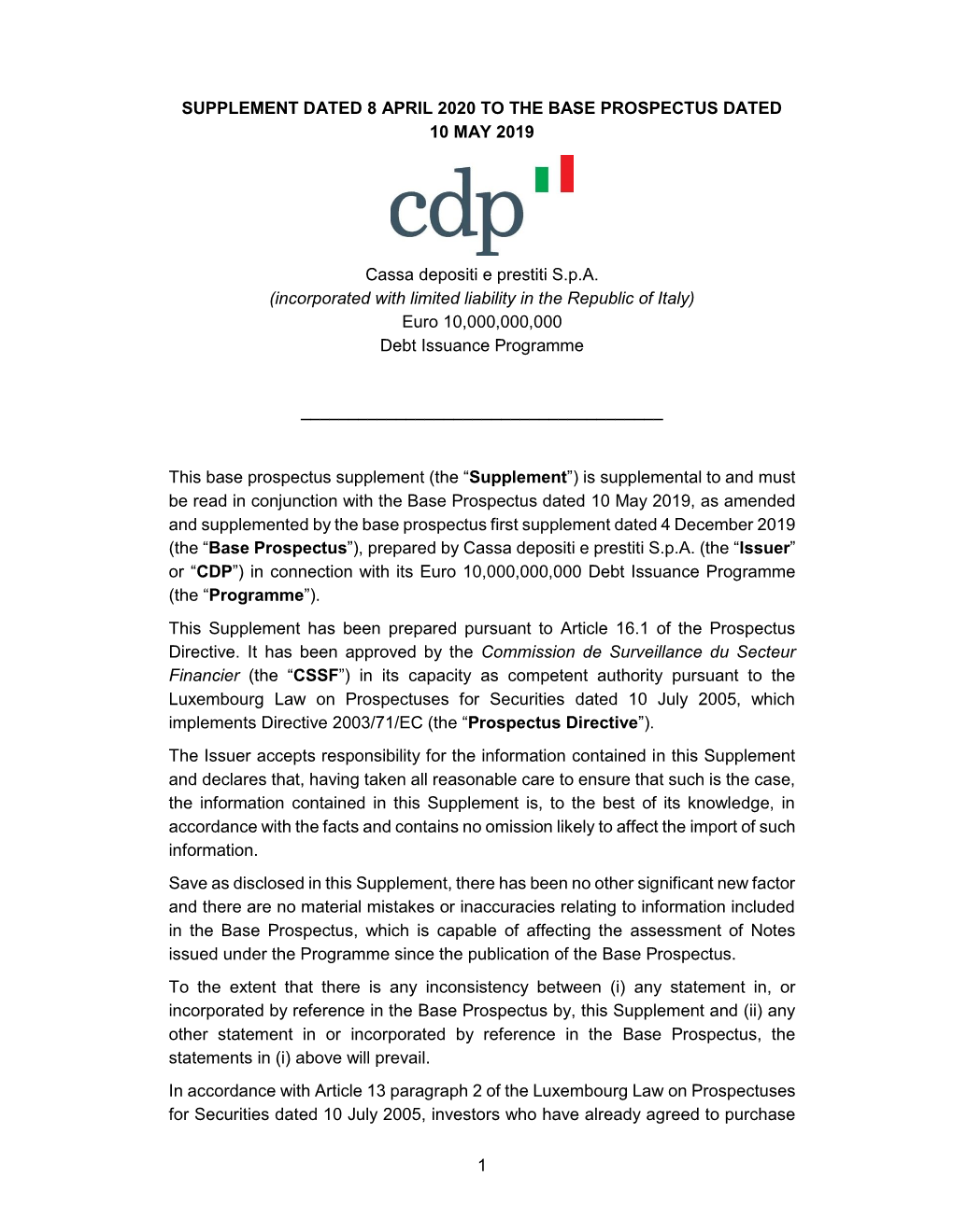 Cassa Depositi E Prestiti S.P.A. (Incorporated with Limited Liability in the Republic of Italy) Euro 10,000,000,000 Debt Issuance Programme