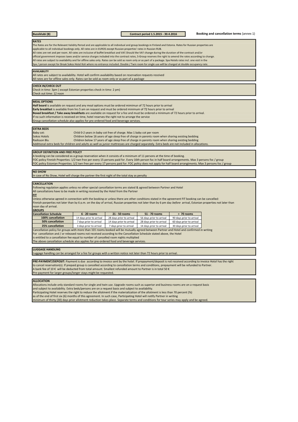 Booking and Cancellation Terms (Annex 1)