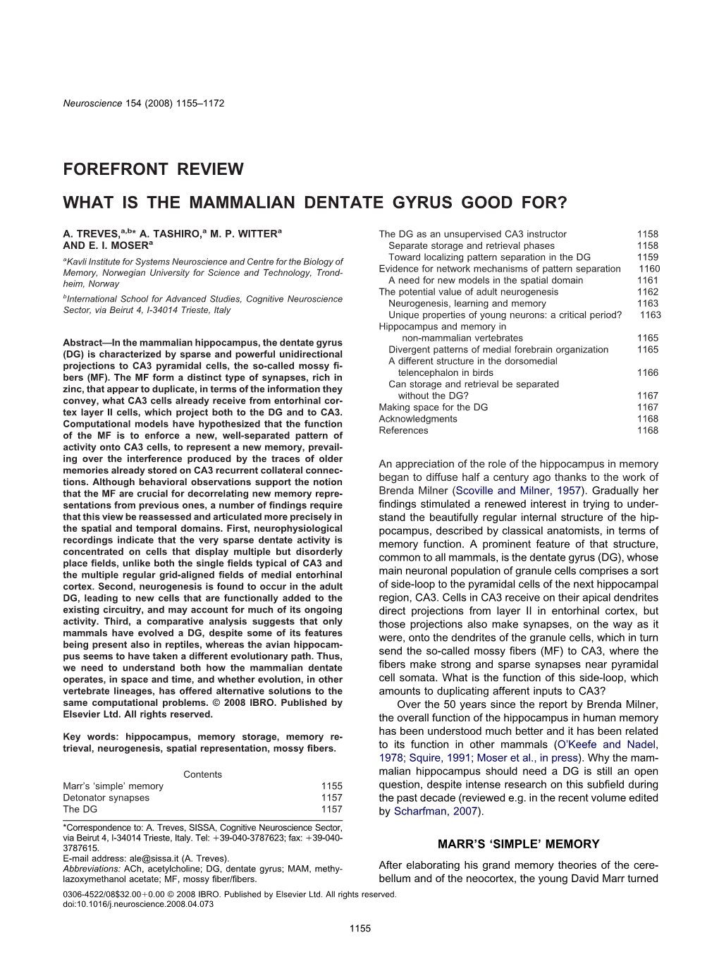 Forefront Review What Is the Mammalian Dentate Gyrus Good For?